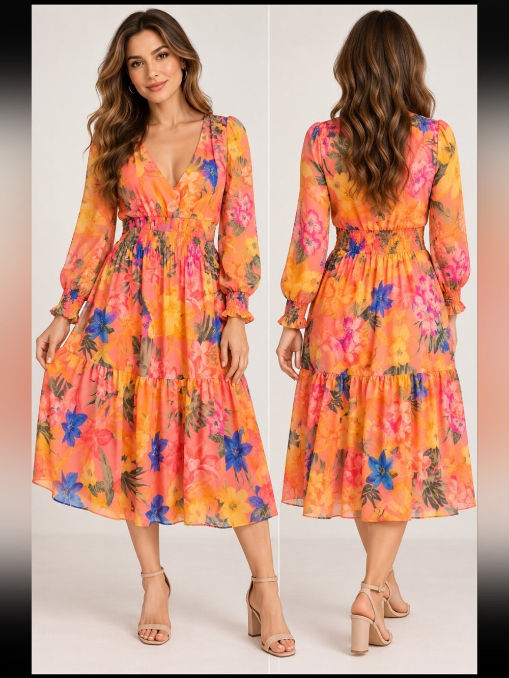 Anne Klein Women Size 14 Coral Floral Chiffon Midi Dress Long Sleeve Tiered Y2k
